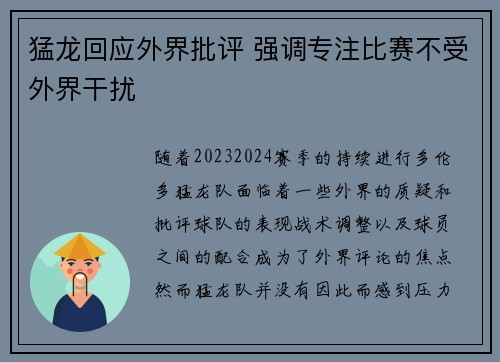 猛龙回应外界批评 强调专注比赛不受外界干扰